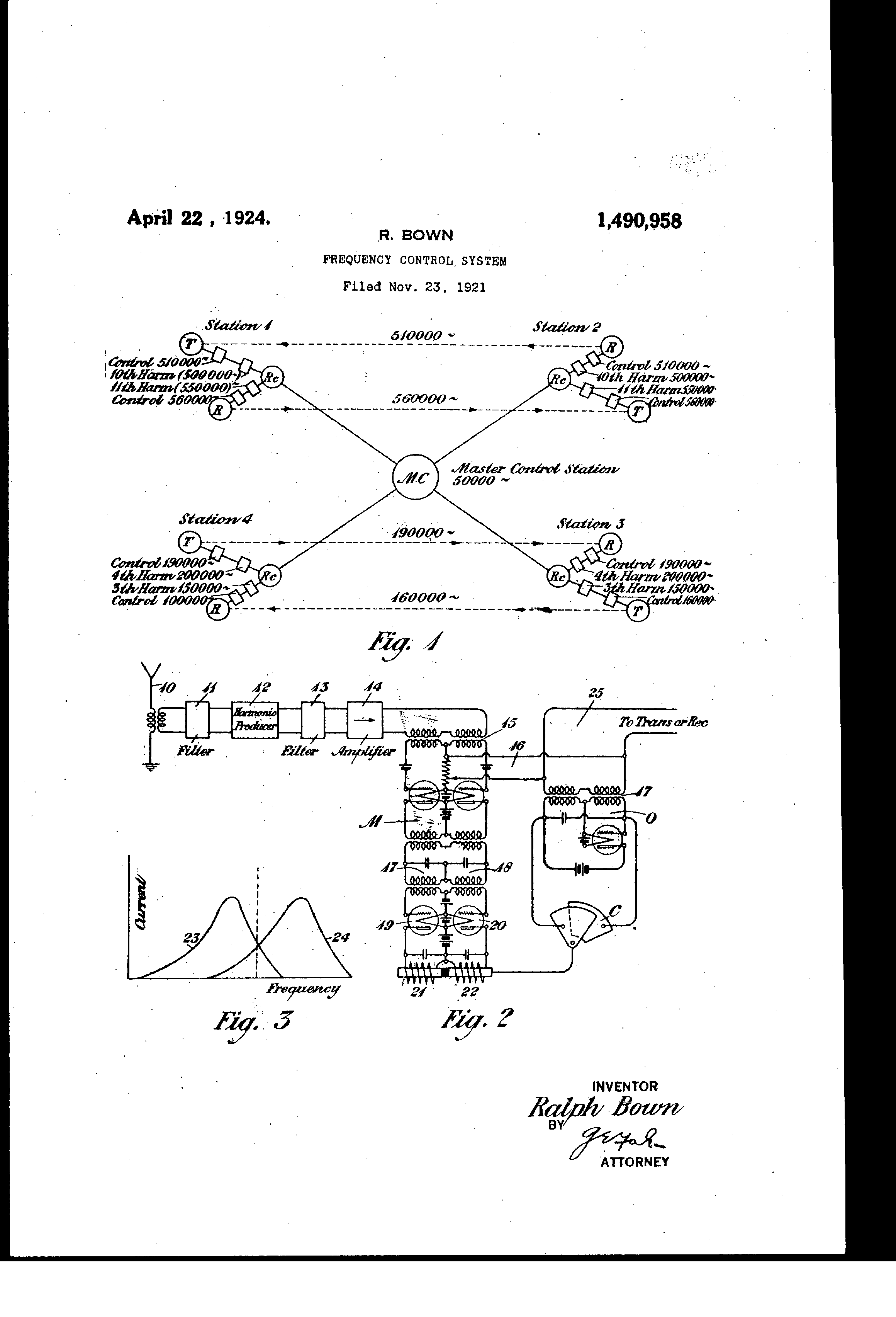 US1490958A patent drawing showing frequency control system architecture